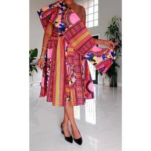 Women Mid Length Dashiki Print Skirt- Pink with headwrap (free size)